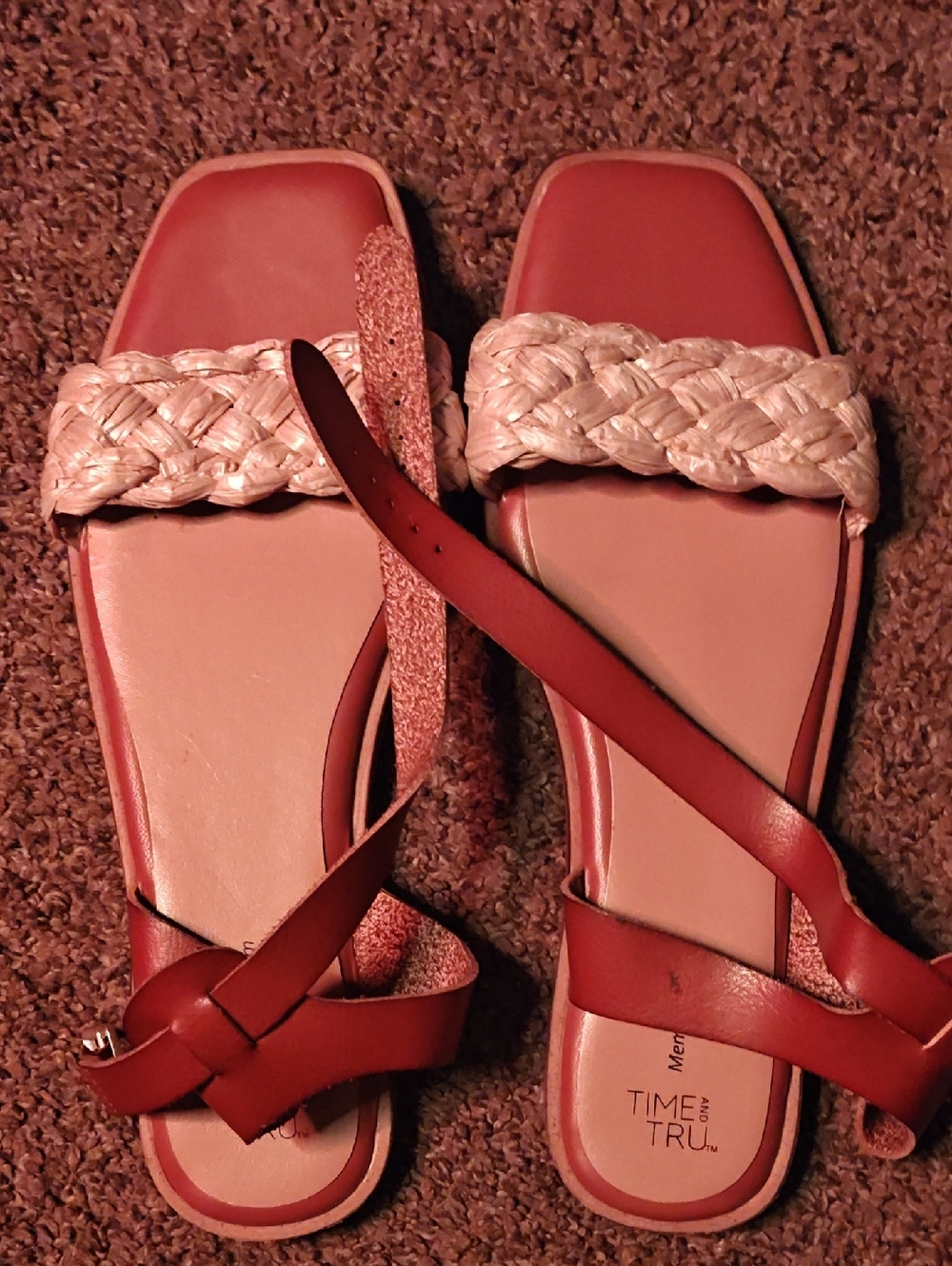 Time and Tru Red and Beige Braided Strap Flat Sandals